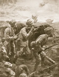 Naik Shahamad Khan, mit zwei anderen, hält seine Stellung, nachdem sein Maschinengewehr durch Granatfeuer ausgeschaltet wurde